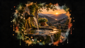 A World Away — a stone fountain overlooking golden hills at sunset.