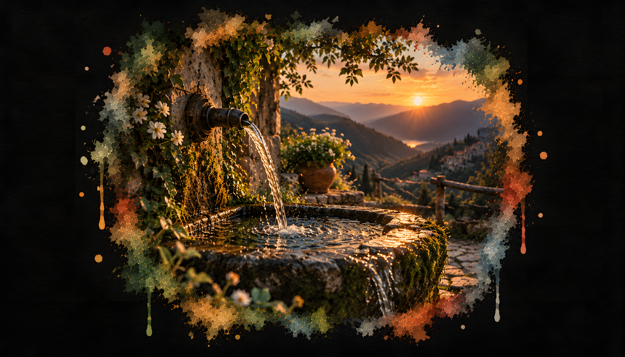 A World Away — a stone fountain overlooking golden hills at sunset.