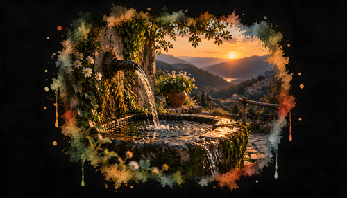 A World Away — a stone fountain overlooking golden hills at sunset.