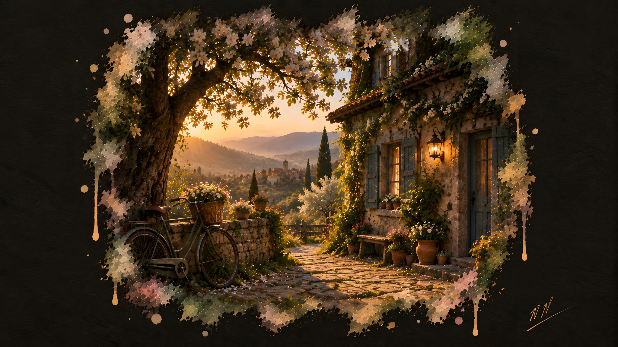 Golden Hour Escape — a sunlit stone cottage and bicycle overlooking hills at sunset.