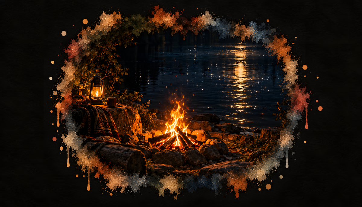 Just the Two of Us — a lakeside campfire, lantern and blanket under moonlight.