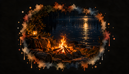 Just the Two of Us — a lakeside campfire, lantern and blanket under moonlight.