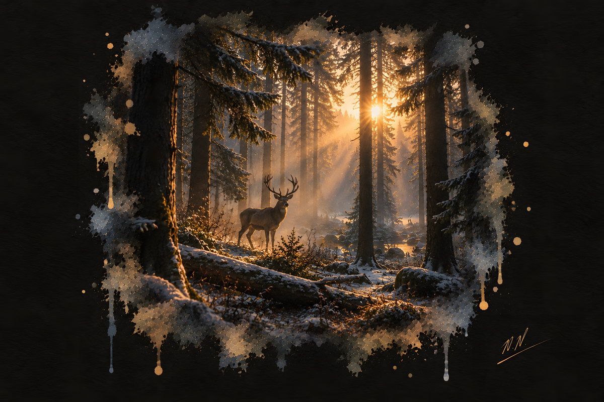 Morning Stillness — a deer in a snowy pine forest illuminated by warm sunlight.