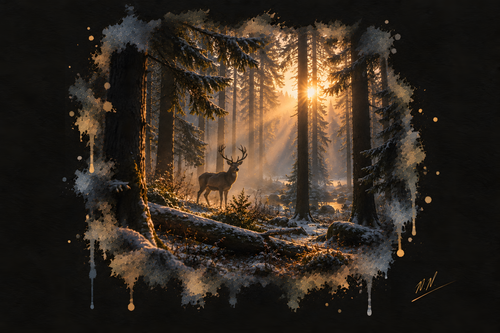 Morning Stillness — a deer in a snowy pine forest illuminated by warm sunlight.