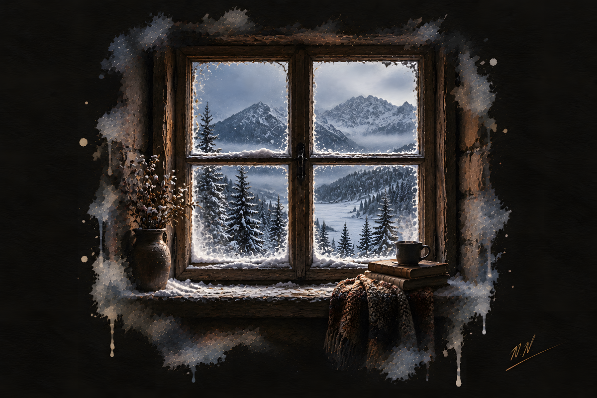 Somewhere Quiet — snowy mountains viewed through a cabin window beside a mug and books.