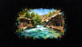 The Village by the Stream — a turquoise river flowing through a rustic village.