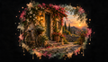 Where Love Lingers — a rose-covered stone doorway and bicycle at sunset.