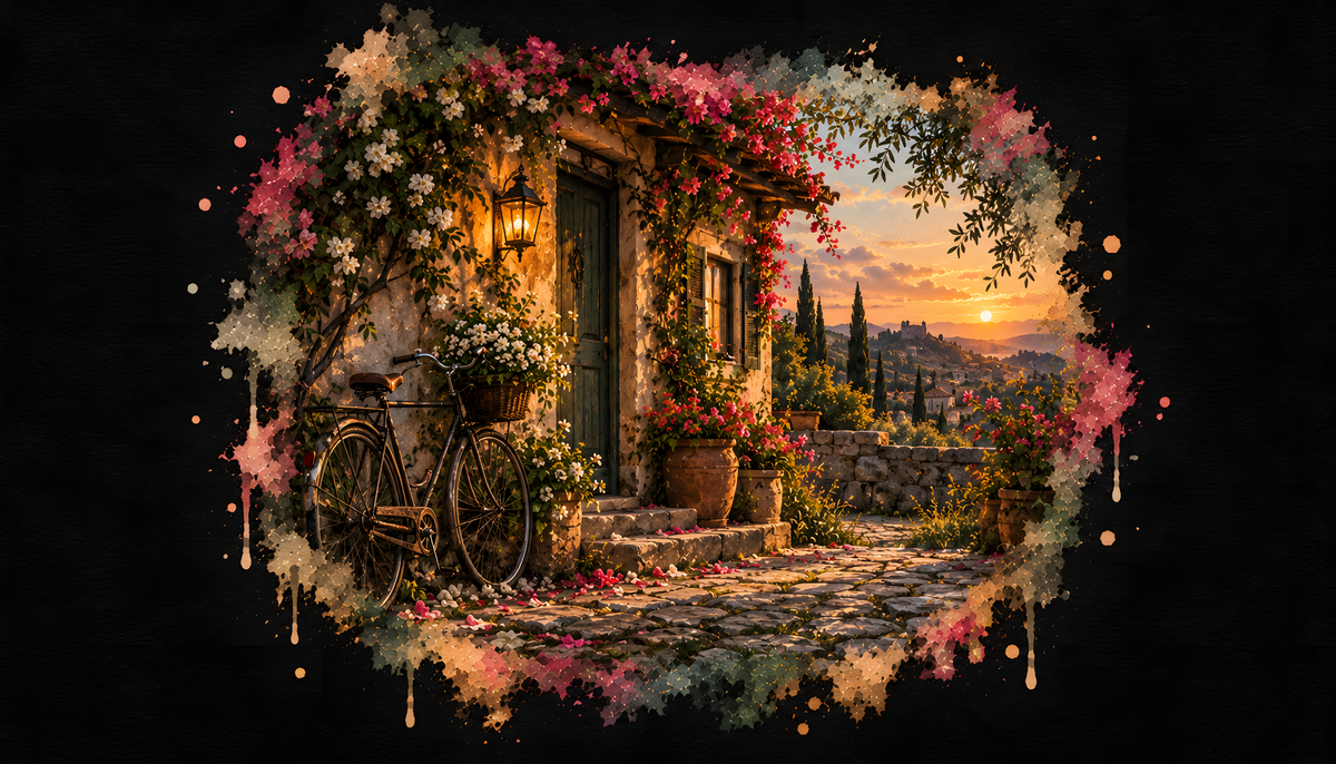 Where Love Lingers — a rose-covered stone doorway and bicycle at sunset.